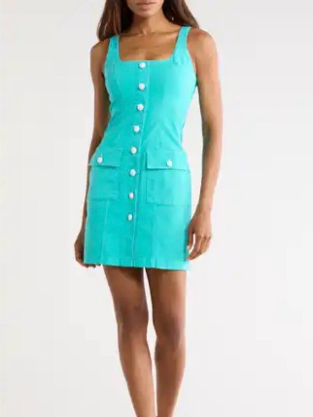 L'AGENCE Turquoise Button-Front Square-Neck Mini Dress